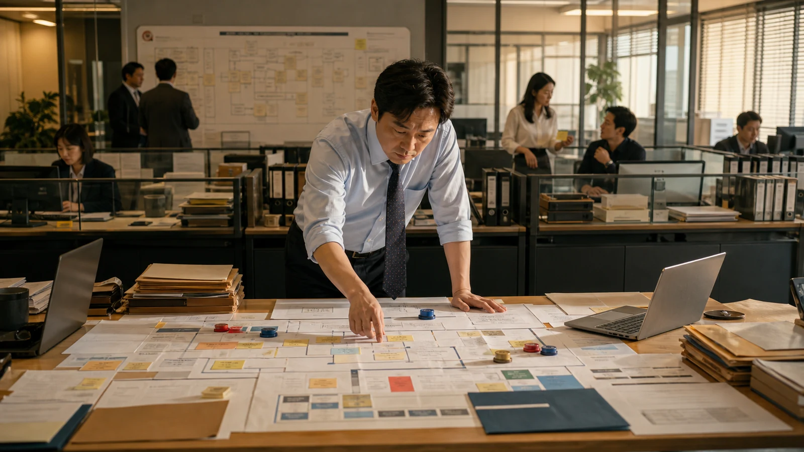 An enterprise operations leader studying the real cross-department workflow, exceptions, and approval routes spread across a large table