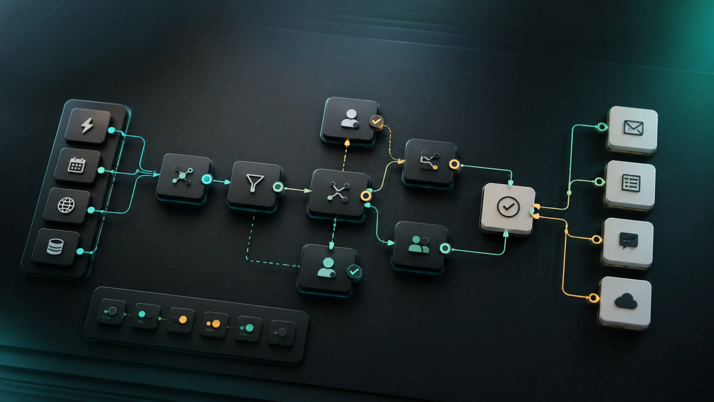 High-resolution automation canvas comparing triggers, routing, review, and workflow destinations