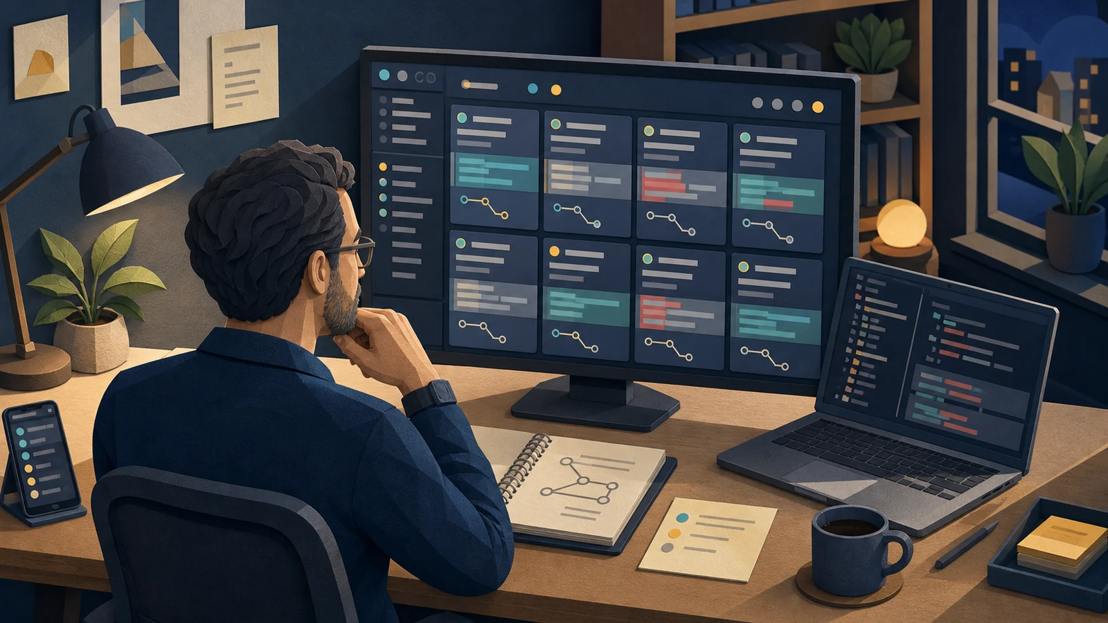 A developer calmly deciding which of several coding-agent sessions and change sets needs attention