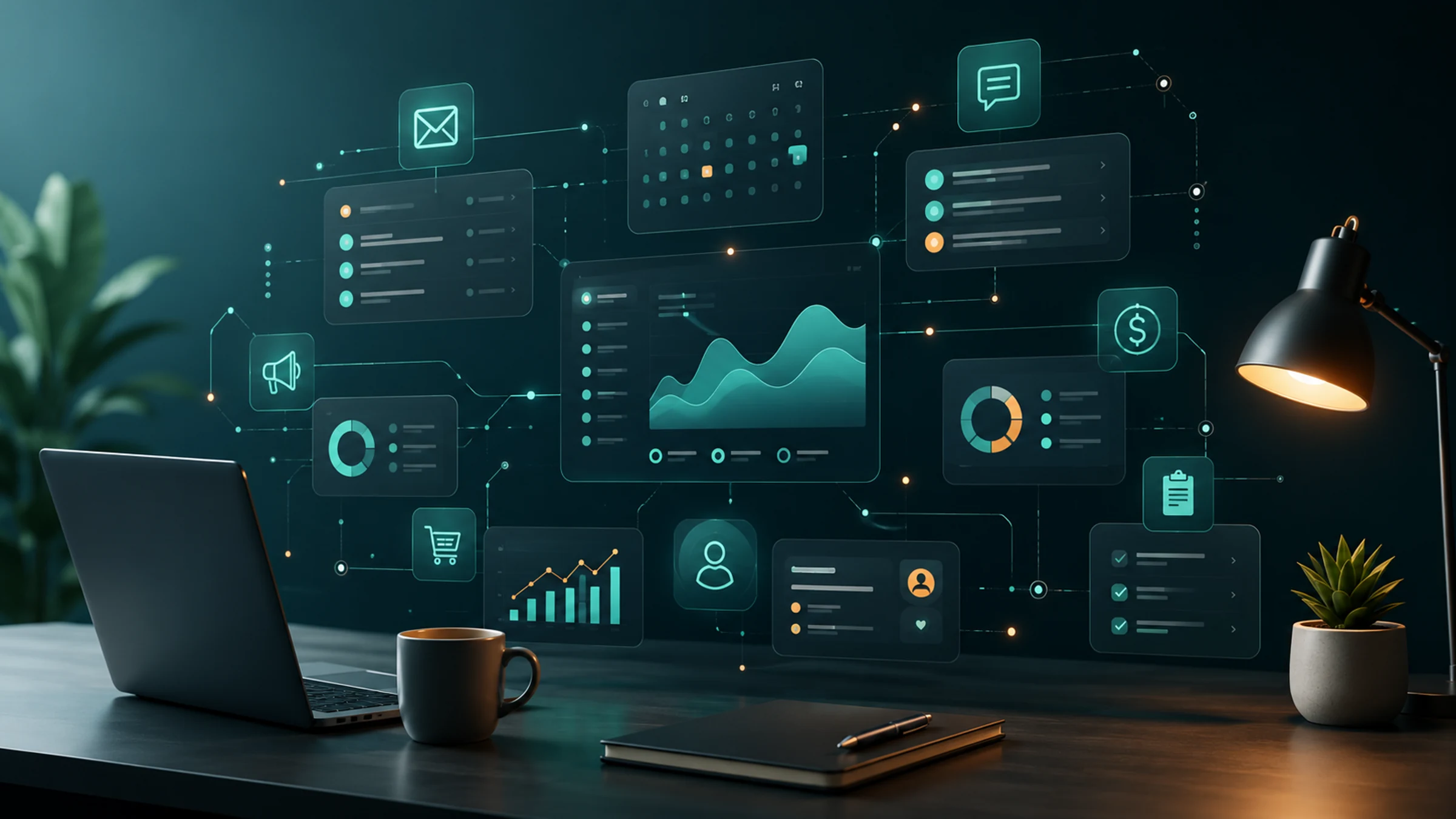 High-resolution dashboard illustration of AI tool planning for small business operations
