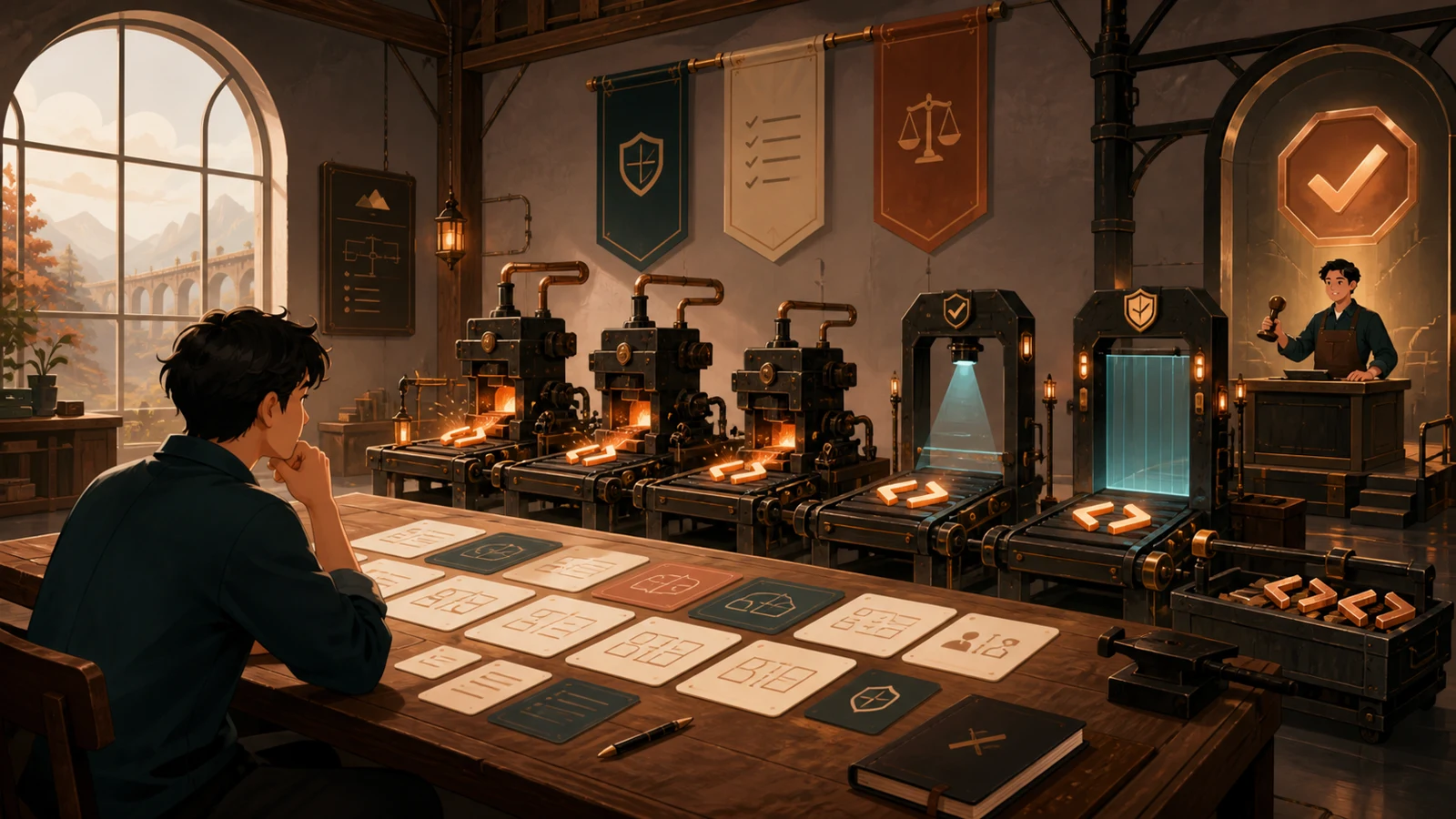An operator designs rule cards while automated forge stations shape code pieces that pass through quality gates and a final human approval desk