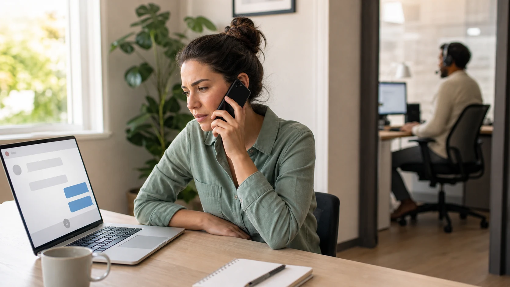 A customer leaves a chatbot on her laptop and calls support while a human call center agent takes over the conversation